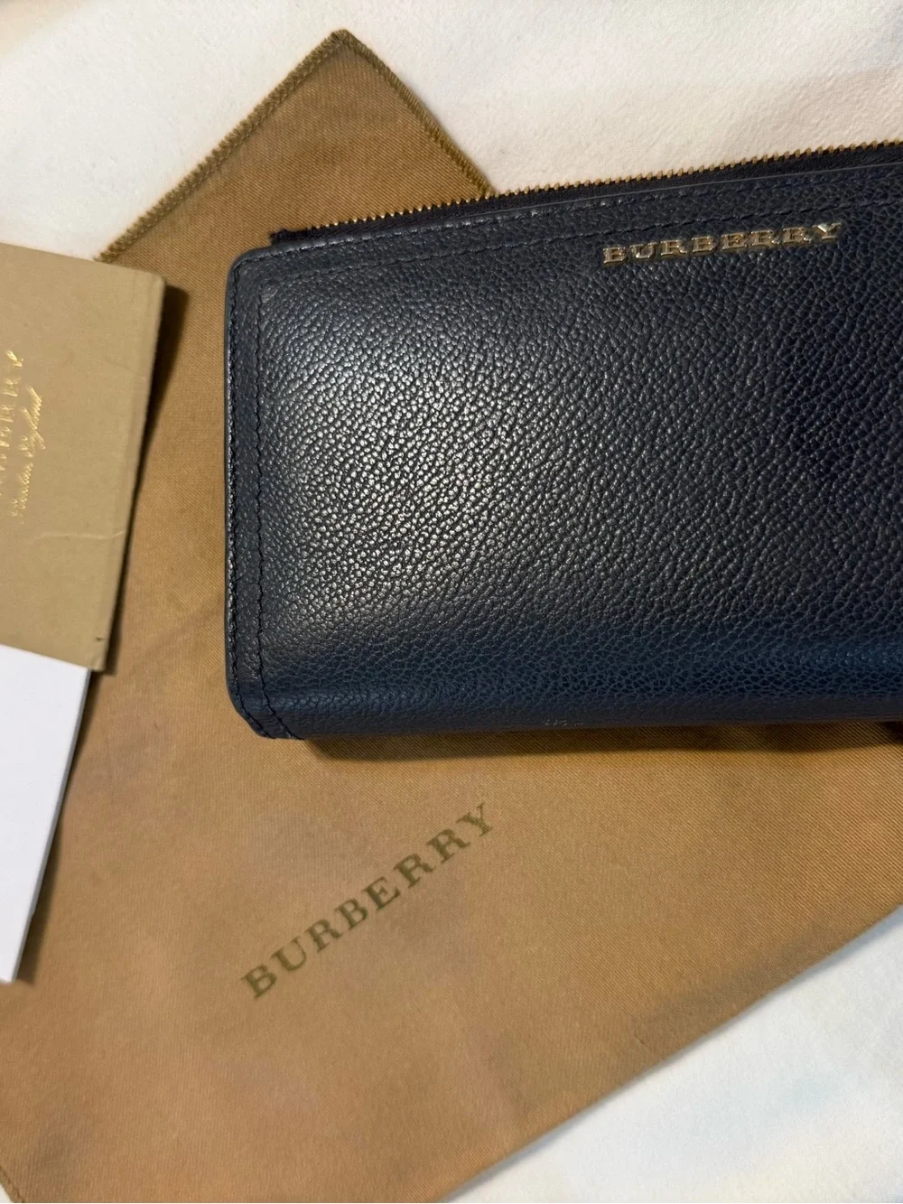 Burberry Navy Blue Leather Zip-Around Wallet with Gold Logo